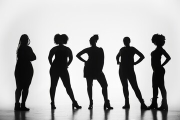 A striking silhouette captures a diverse group of dancers poised in strong, confident poses on stage