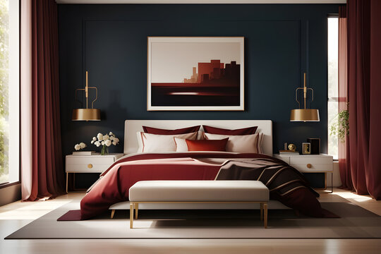 A classic bedroom with a touch of modernity design, showcasing an empty canvas frame on a wall painted in a rich, deep colour, highlighted by the refined light of a table lamp