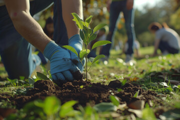 A volunteer planting trees in a community garden to provide a sustainable environment and local food production