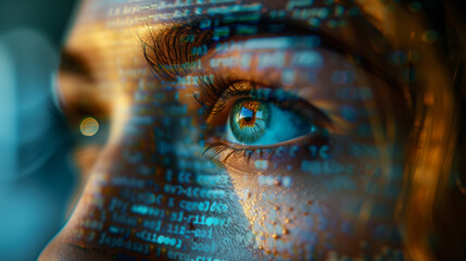Female Programmer Engrossed in Code. Lines of code reflected on the face softly illuminated by the light of the screen. The concept of technical innovation, women in IT 