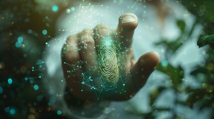A human hand touches a green hologram fingerprint.  Detailed Focus on Unique Human Identification