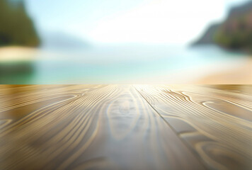  Wooden Table with Stunning Ocean View. Mockup for your design