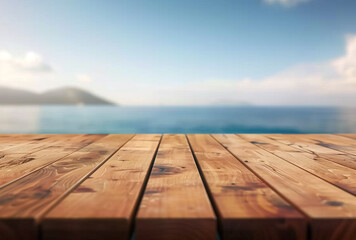 Wooden pier or Beachside Wooden Table with Ocean Backdrop. Mockup for your design