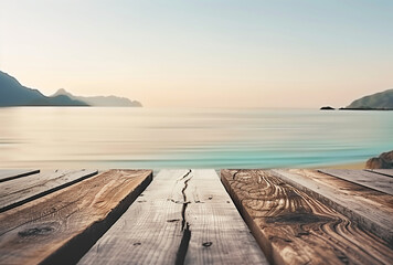 Wooden Table on Seaside or wooden pier on the sea: Blue Sky and Ocean. Mockup for your design - 768319499