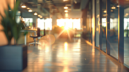 Corporate Office with the rays of the sun: Blurred Office Interior with Bright Panoramic Windows - 768319602