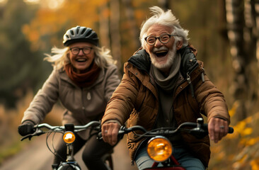 Joyful Elderly Couple Cycling Together in the Park: Active Lifestyle for Seniors - 768319610