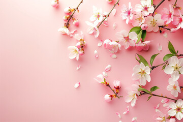 Fototapeta premium Springtime Greeting Card Template: Flowers cherry blossom on Light Pink Background. Wedding invitation, mother's day or other holidays.