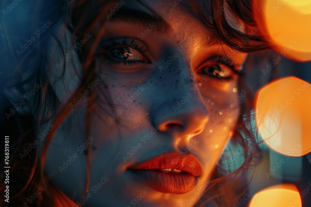 Aufkleber This abstract image captures the interplay of bokeh lights with a blend of blue and orange hues creating a calming effect