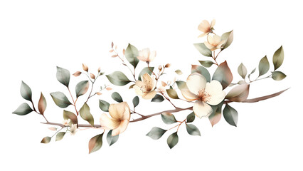 Spring flowers on apple tree branch - Watercolor illustration. Isolated on transparent background. Greeting or wedding card decoration. - 768319853