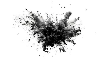 Isolated Dynamic Black Ink Splashes on White Canvas. Abstract Artistic Expression