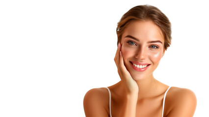 Joyful woman presenting her flawless, glowing skin for skincare advertisement. Transparent background. 