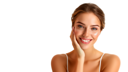 Joyful woman presenting her flawless, glowing skin for skincare advertisement. Transparent background. 