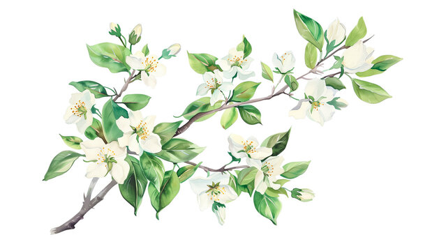  Springtime Watercolor flowers on apple tree branch: Botanical Elegance. Isolated on transparent background. Greeting or wedding card decoration.
