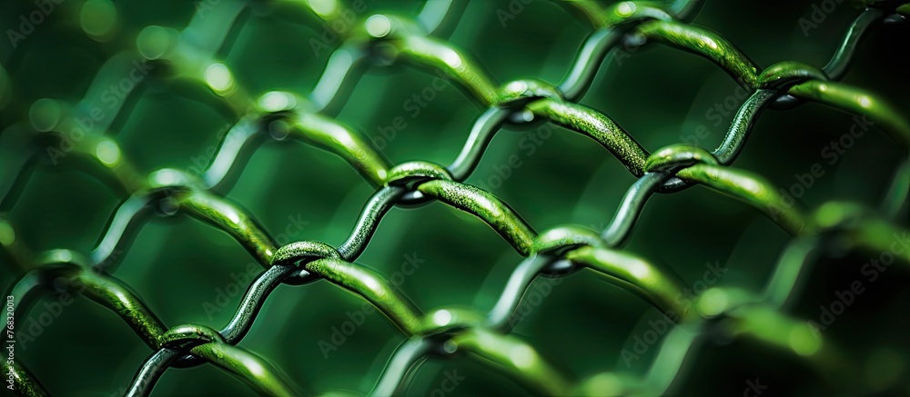 Poster a macro photograph of a green chain link fence showcasing the symmetry of the mesh pattern, surround