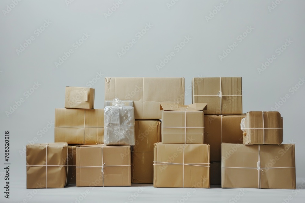 Poster various sizes of brown wrapped parcels secured with string depicting delivery and storage concepts