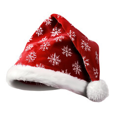Festive red Santa Hat with snowflakes on transparent background: symbol of Christmas holidays