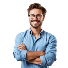 Smiling Businessman in glasses  with arms crossed over his chest в голубой рубашке. Professional Portrait, Isolated on transparent background. - 768320029