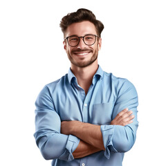 Attractive Man in Glasses, Confident Corporate Leader with arms crossed over his chest. Professional Businessman Portrait. Isolated on transparent background.