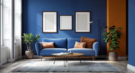 Modern Scandinavian Apartment Living Room with Dark Blue Sofa - 768320060