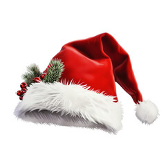 Festive red Santa Claus hat with fir sprig decoration and red berries on transparent background: Christmas celebrations