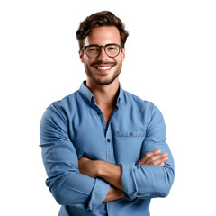 Portrait of a attractive successful smiling businessman with arms crossed on his chest in a blue shirt. Isolated on transparent background.