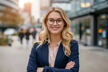 Young smiling Confident Positive Businesswoman standing outdoor on street arms crossed, looking at camera. Professional Portrait - 768320074