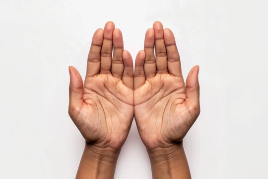 A close-up image capturing the detail and texture of two open hands with palms facing upward on a white backdrop