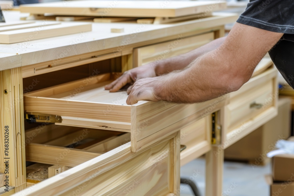 Poster a skilled carpenter is captured in the act of assembling a wooden drawer, showcasing precision and c