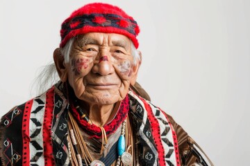 A dignified indigenous elder with traditional attire and a red headband posing for a portrait