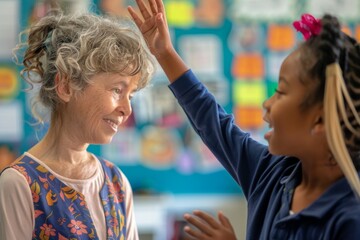 An image showcasing a lively interaction between a teacher and her pupil during a lesson