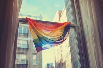 Gay flag in a window, rainbow colored fabric folded overlooking tall city buildings - obrazy, fototapety, plakaty