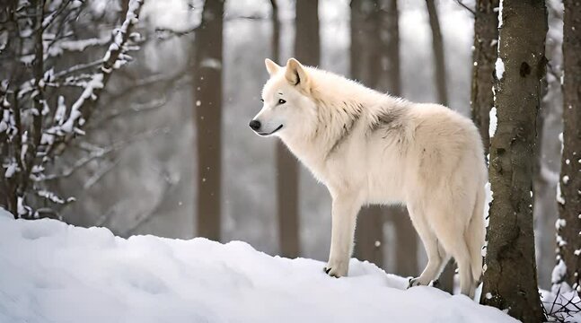 Winter's Majesty: Portrait of White Arctic Wolf Amidst a Snowy Forest, Serenaded by the Howling Wind
