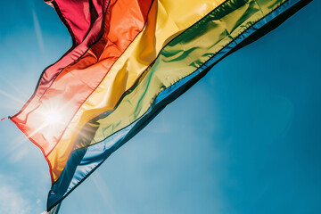 Gay pride day lgbt rainbow flag, sun rays piercing its light over a blue sky