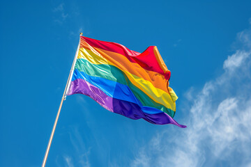 Gay pride day lgbt rainbow flag, colors in blue sky with lots of wind but freedom and equality