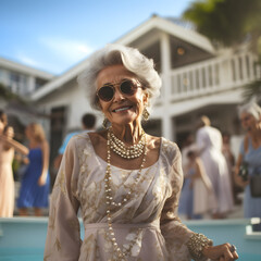 An older woman enjoying on the edge of the pool during a warm summer day. Vacation summer concept.