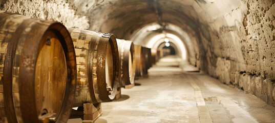 wine cellar with barrels - obrazy, fototapety, plakaty