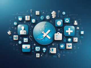 Discover the captivating abstract medical blue background adorned with flat icons and symbols.