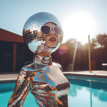 A woman in a disco ball costume standing next to a swimming pool party. Futuristic party outfit.
