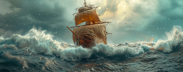 Caravel, 15th-century exploration ship, sails on rough seas Waves crash against the hull as the crew braces for a storm 3D render, Rim lighting, HDR effect