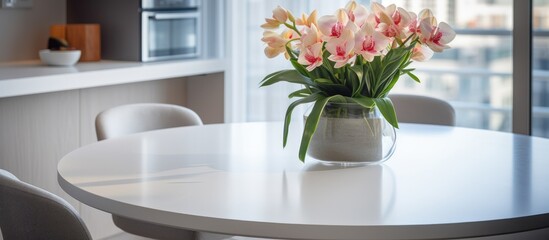 A beautiful flower vase adorned with colorful houseplants sits on the kitchen table, adding a touch of nature to the interior design of the building