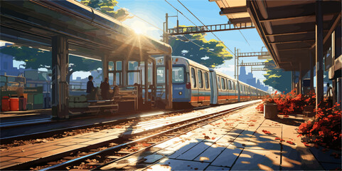 Urban Train Station at Sunrise with Colorful Blooms, vector illustration