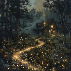 A winding path through a dark forest, illuminated by glowing fireflies, leading to a warm, welcoming cabin with light pouring out Photography, backlights, vignette