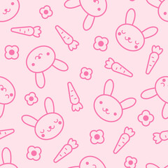 Pink rabbit with flower and carrot seamless pattern. Cute background. Kid design. Surface design. - 768322417