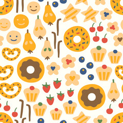 Sweet bakery pattern with donut, cupcake, pretzel, cookie, cherry, berry, strawberry. Vector seamless background.