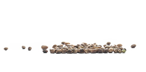 Hemp seeds pile isolated on white background, side view	 - 768322612