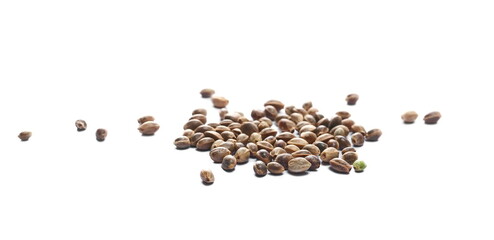 Hemp seeds pile isolated on white background, side view	