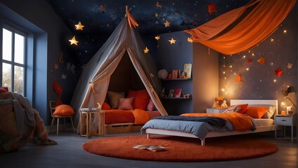 Cosmic Campout: Starry Space-Themed Kids' Room with Indoor Tent