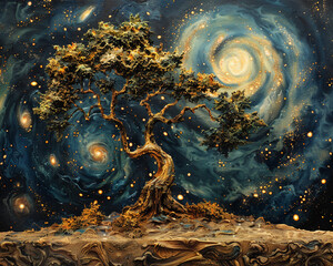 Dreaming Tree, vines, ancient, in a garden of floating islands, under a sky of swirling galaxies