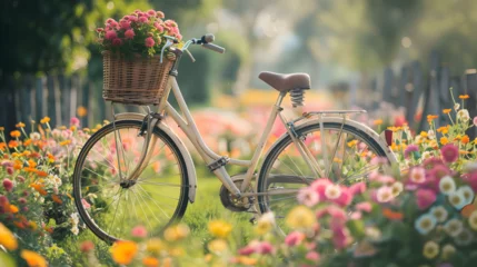 Deurstickers White lady's bicycle with a beautiful flower basket on front. © Nim