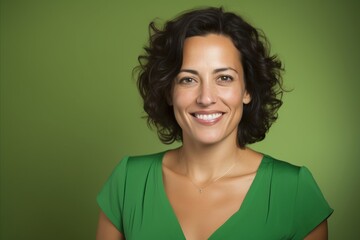 Portrait of a beautiful woman smiling at the camera against a green background